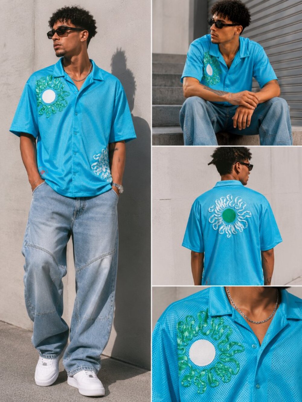 New Men's  Nike Uphoria Button-Up Mesh Short Sleeve Top Baltic Blue DV9676-416